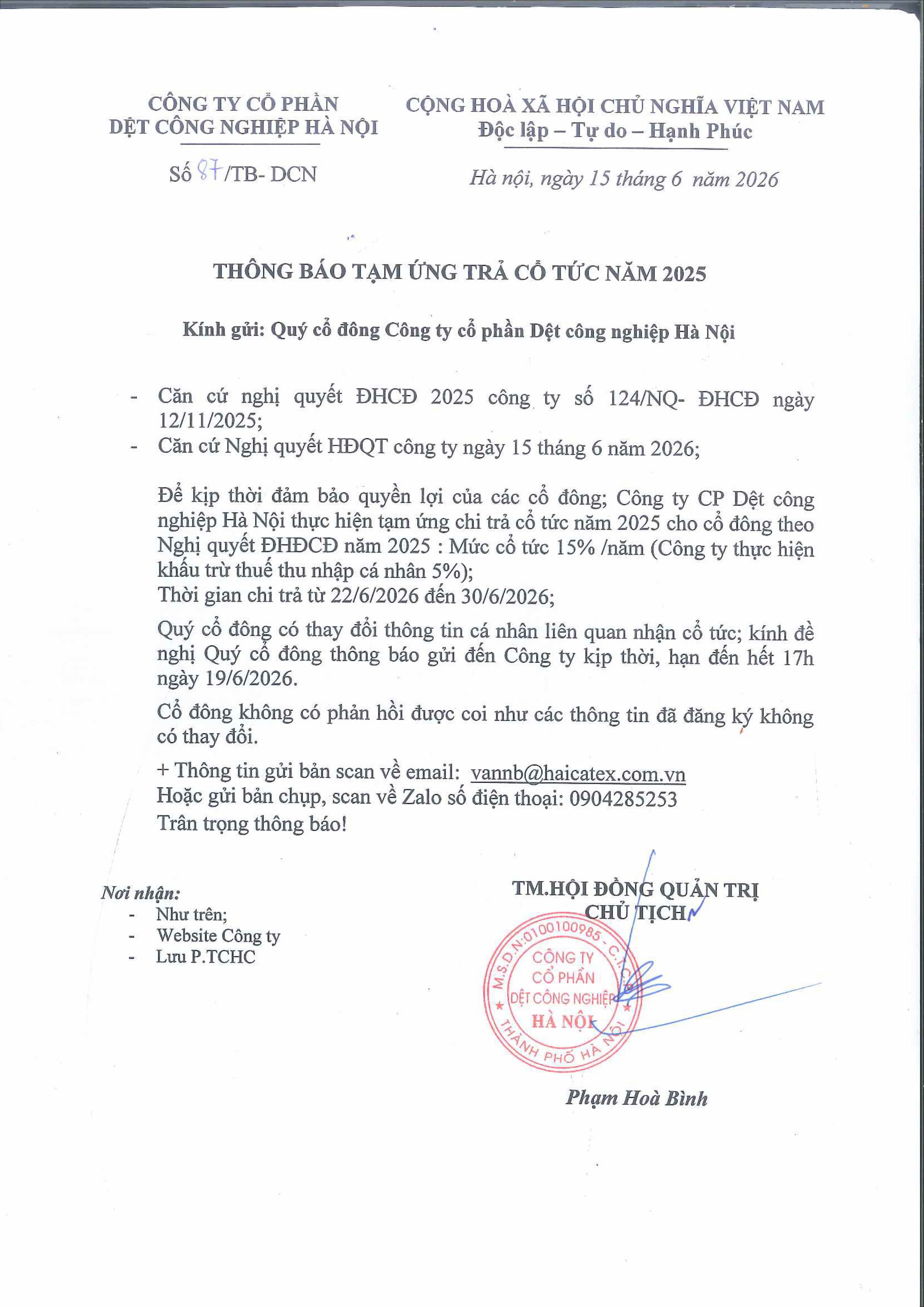 THÔNG BÁO TRẢ TẠM ỨNG CỔ TỨC NĂM 2025